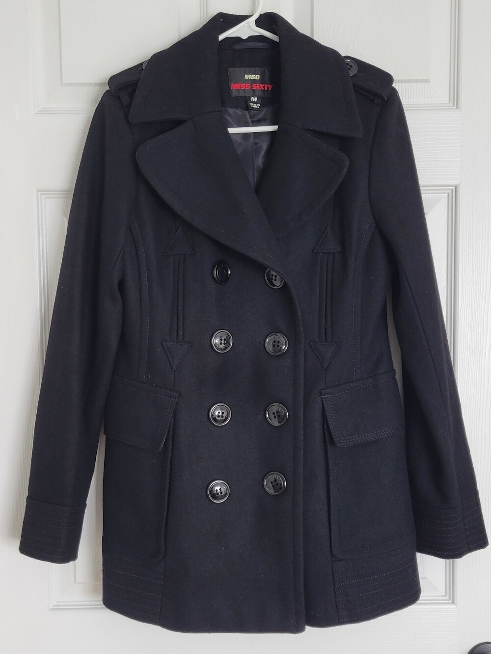VTG Y2K Miss Sixty Black Wool Blend Military Peacoat Sz M Fits Sz S